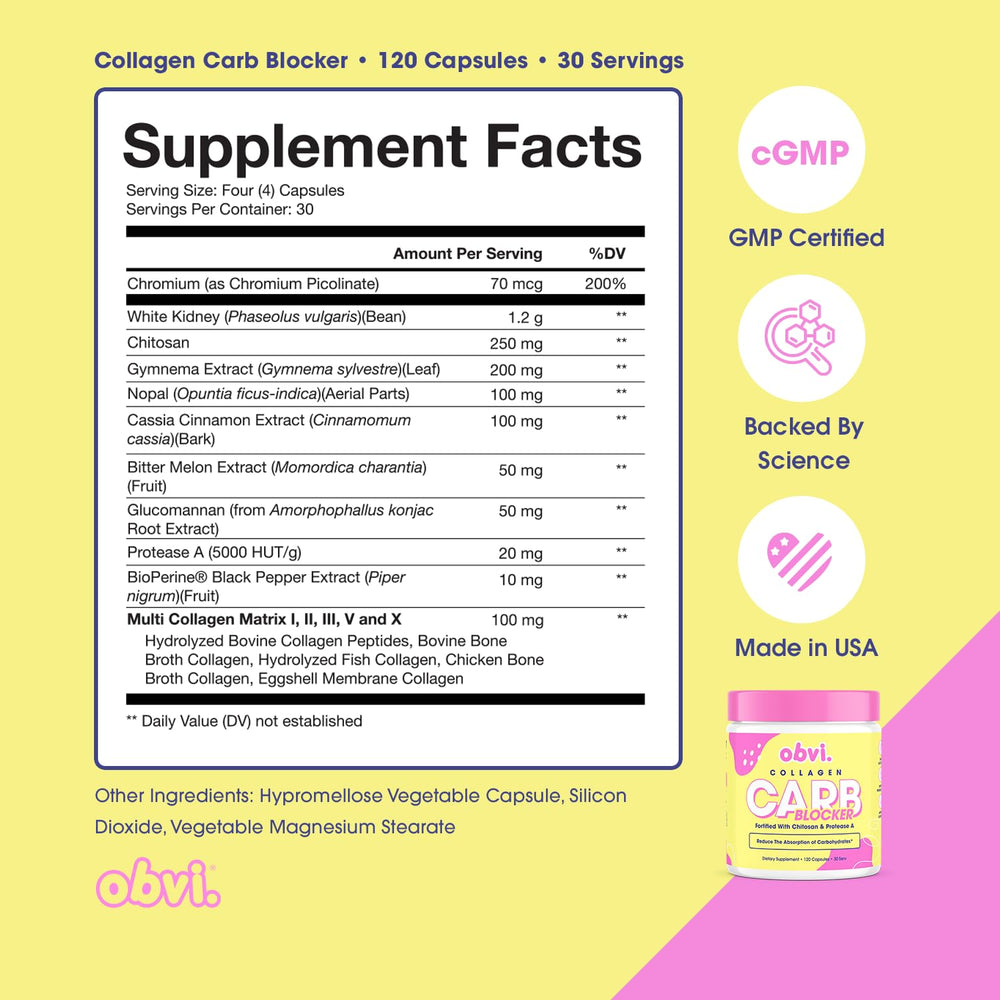 Obvi Guilt-Free Carb Blocker capsules ready to take before meals for carb management.