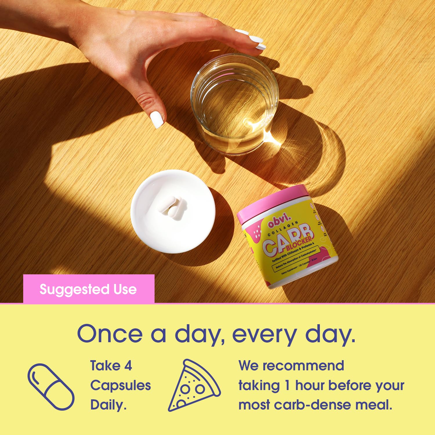 Obvi Guilt-Free Carb Blocker label close-up showing key ingredients.