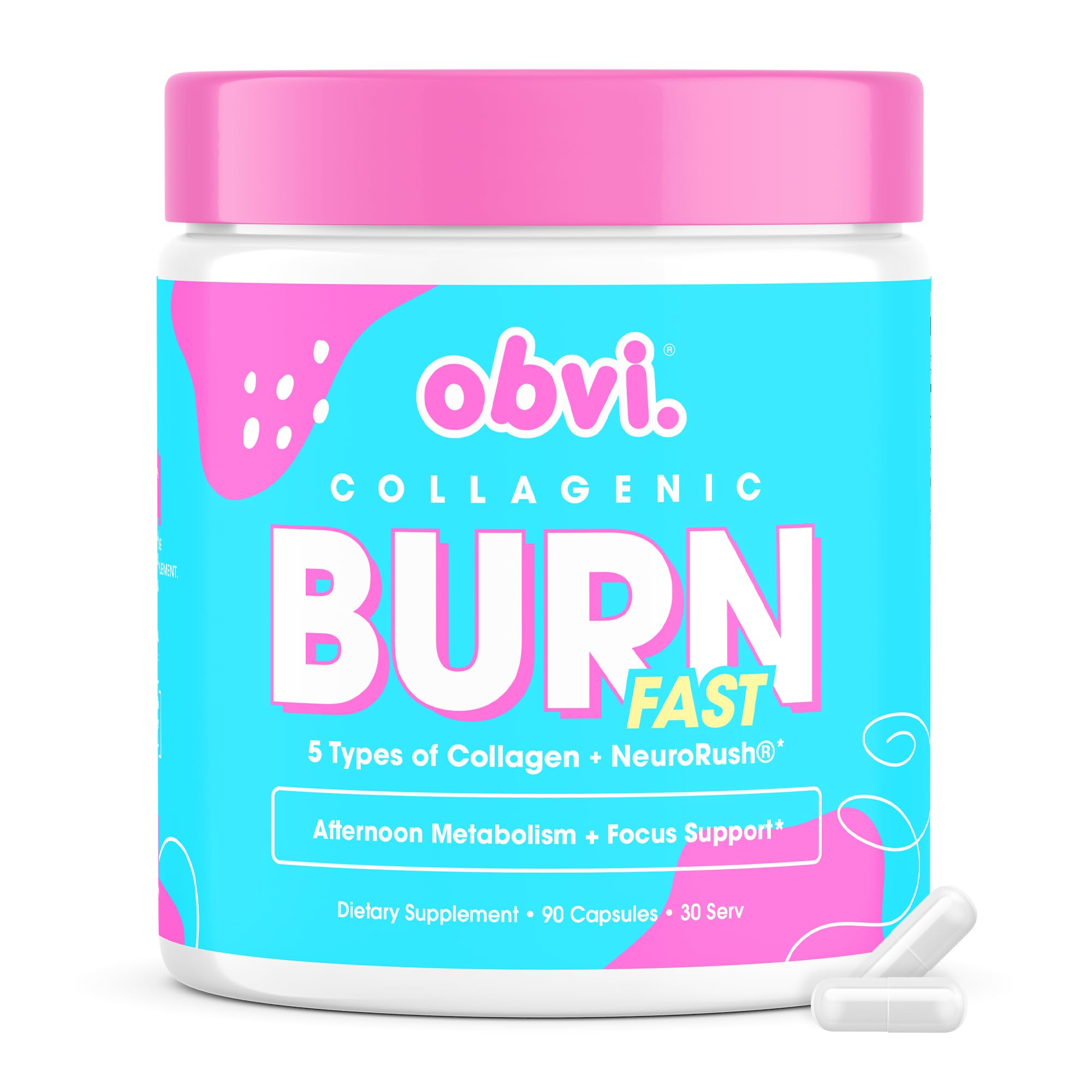 Obvi Multi Collagen Burn Fast bottle front with easy daily capsules for skin and joints.
