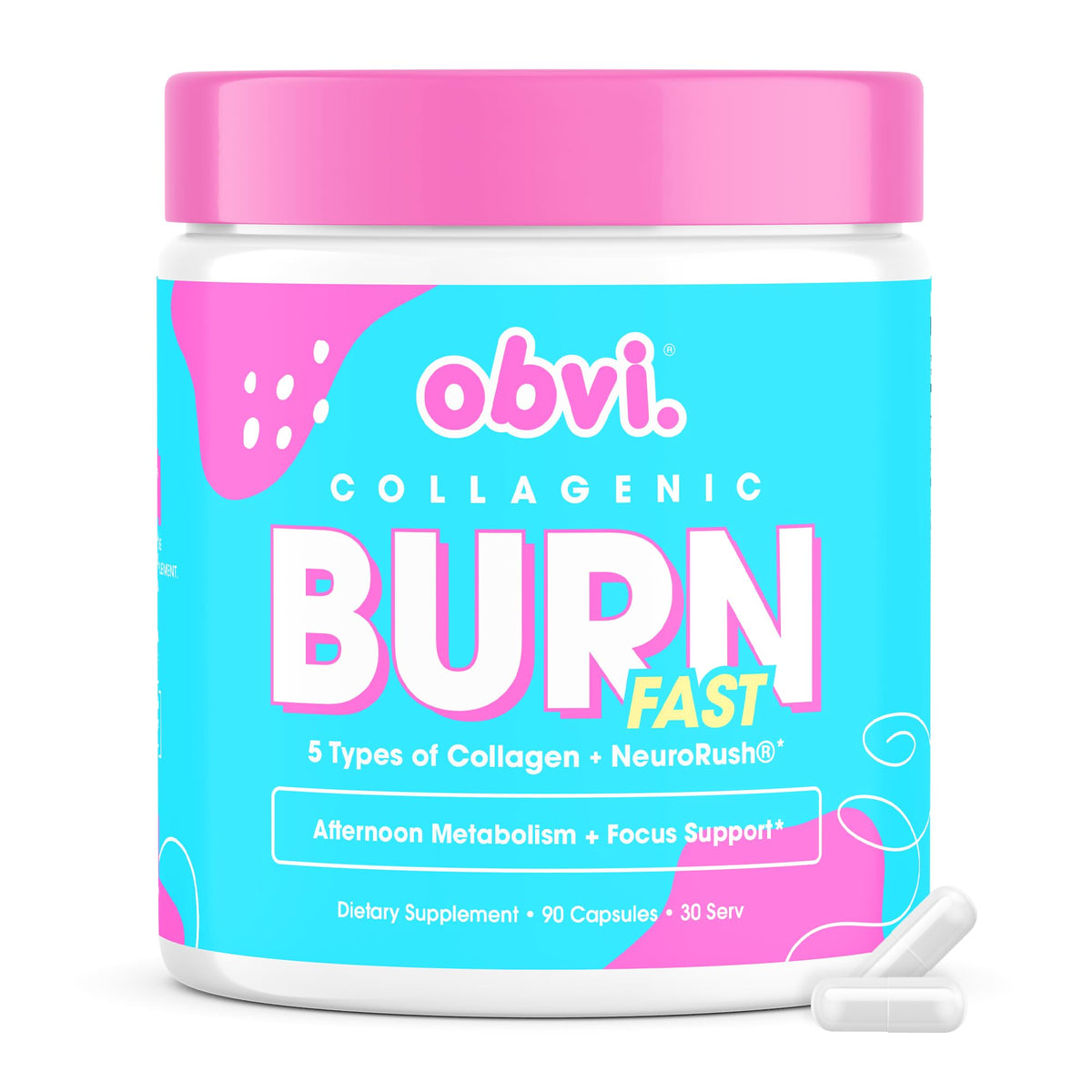 Obvi Multi Collagen Burn Fast bottle front with easy daily capsules for skin and joints.