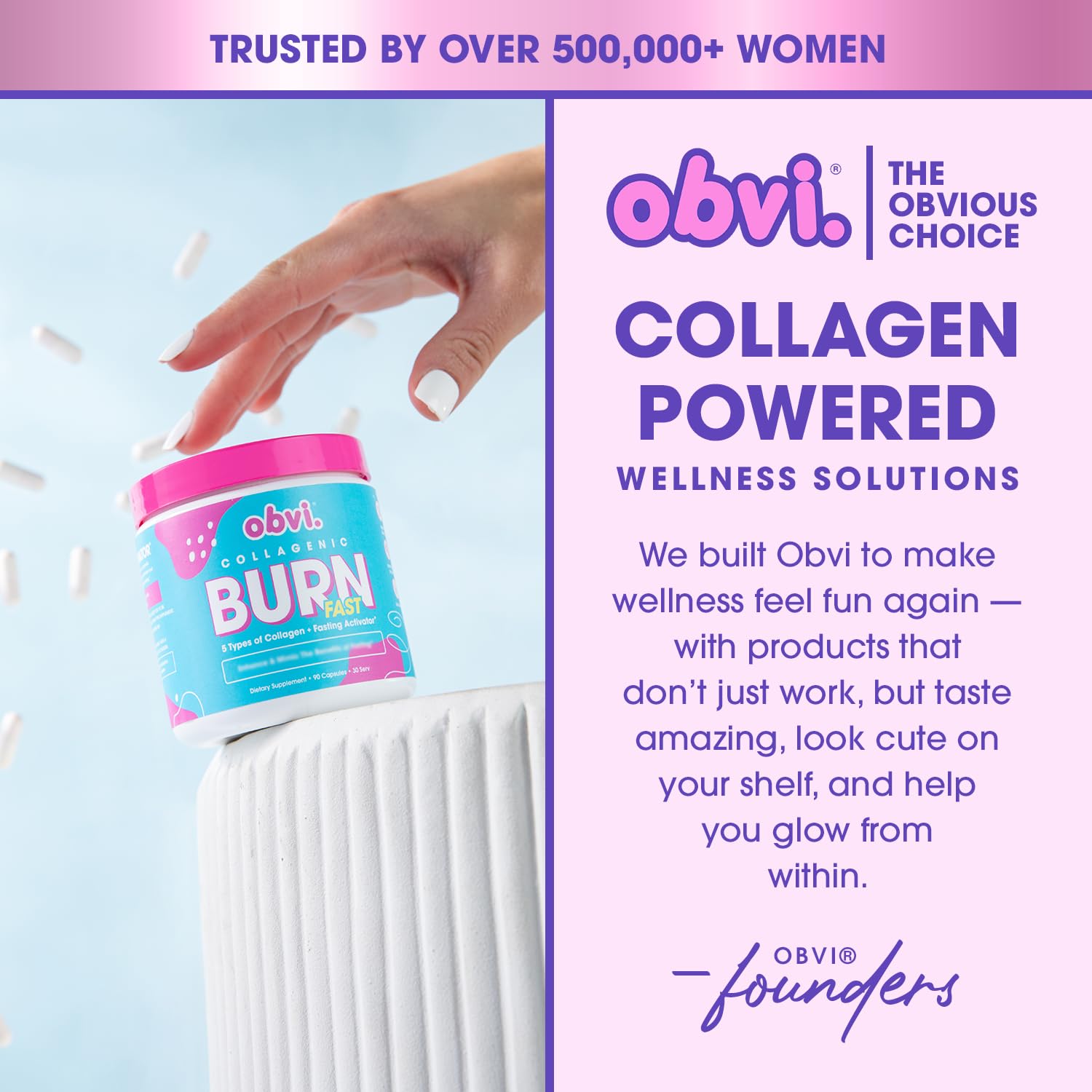 Obvi Multi Collagen Burn Fast bottle top showcases seal and premium quality.