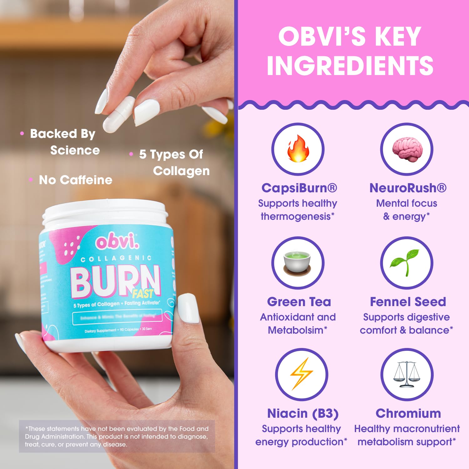 Obvi Multi Collagen Burn Fast ingredients panel shows hydrolyzed peptides and multiple collagen types.