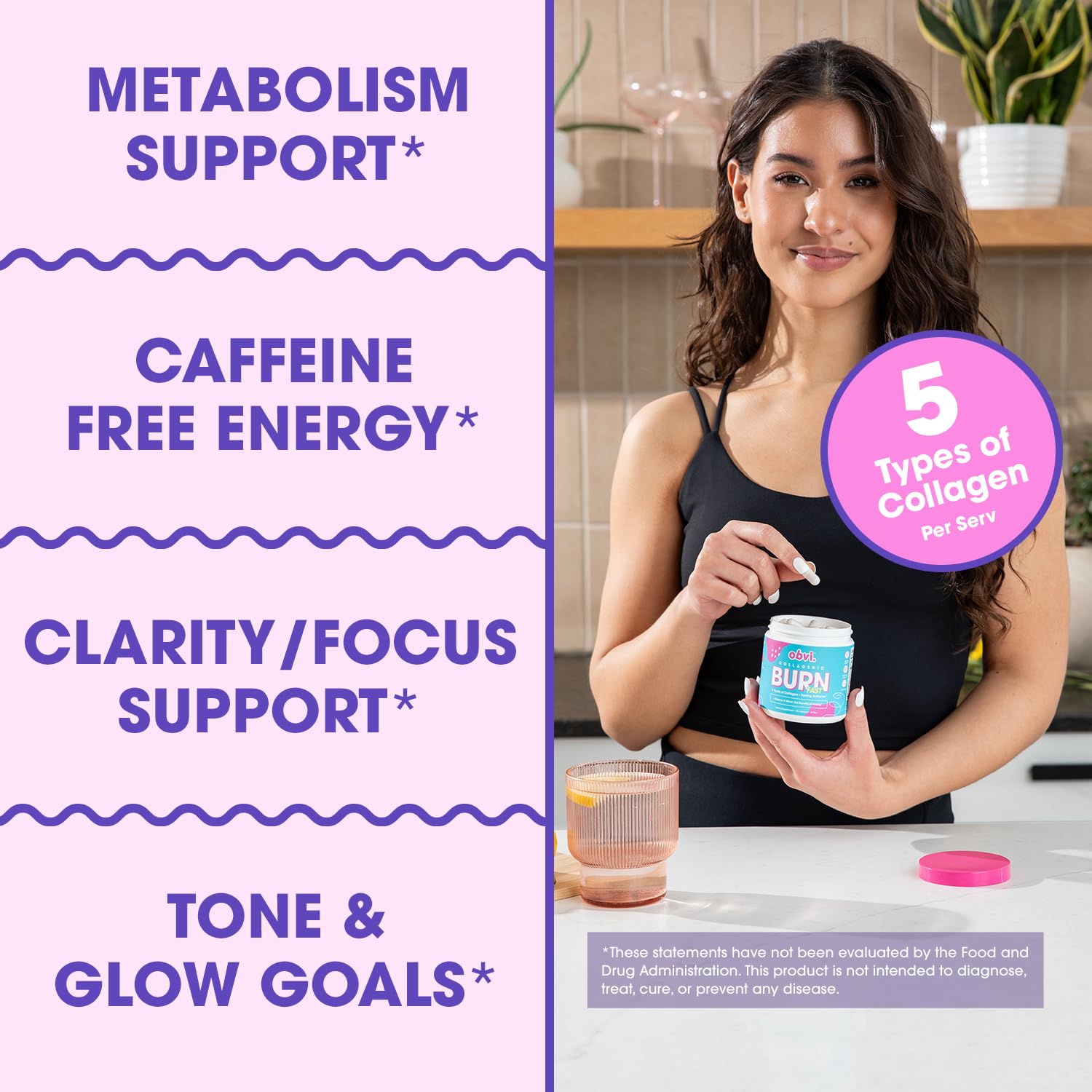 Obvi Multi Collagen Burn Fast label closeup highlights gluten-free, keto-friendly ingredients.