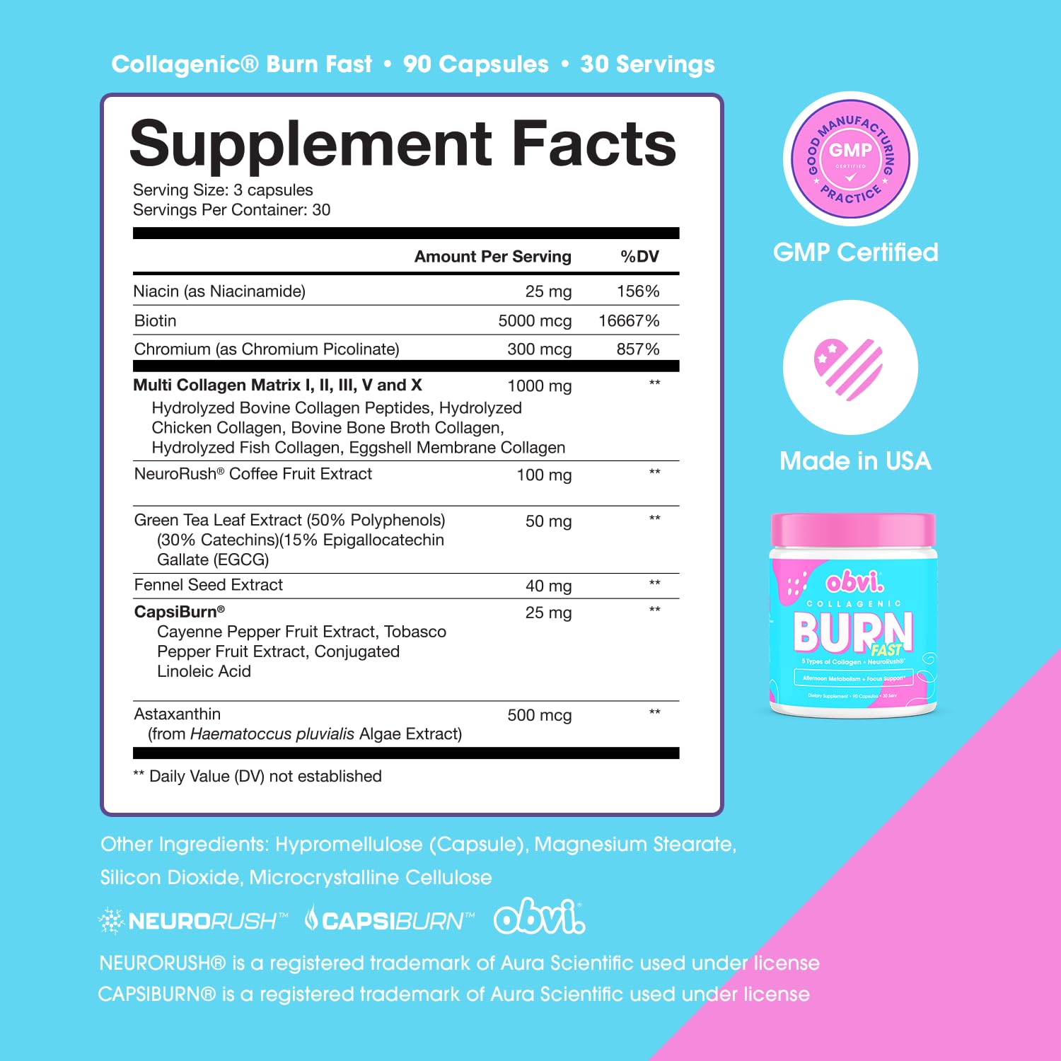 Obvi Multi Collagen Burn Fast packaging details 30 servings for ongoing daily use.