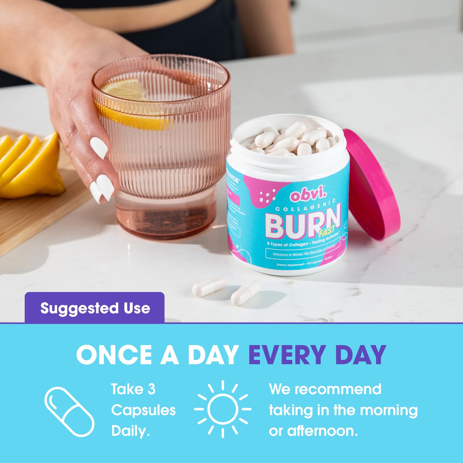 Obvi Multi Collagen Burn Fast image emphasizes women’s wellness focus.