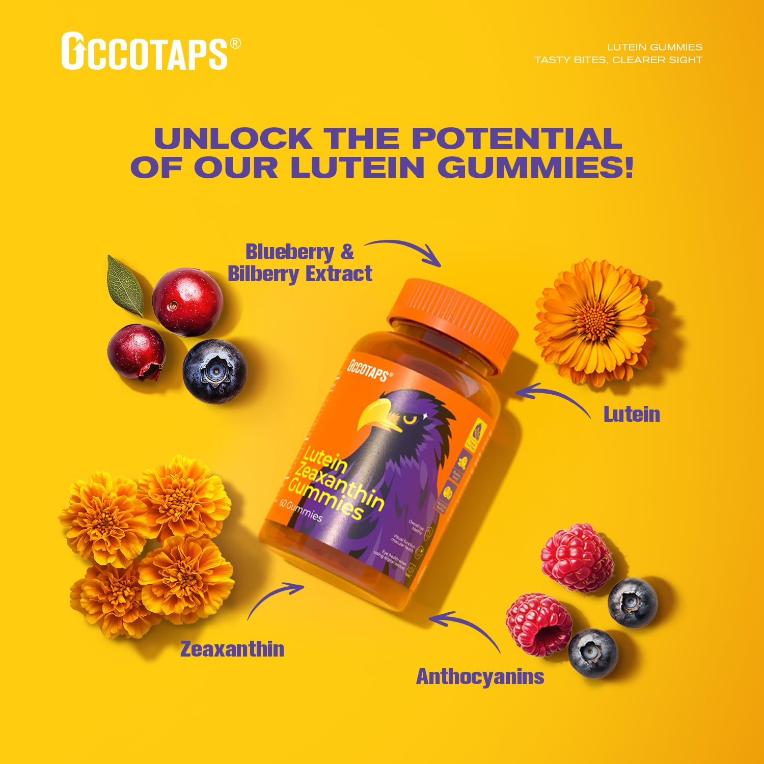 Close up of Occotaps gummies showing soft texture and bite size form.