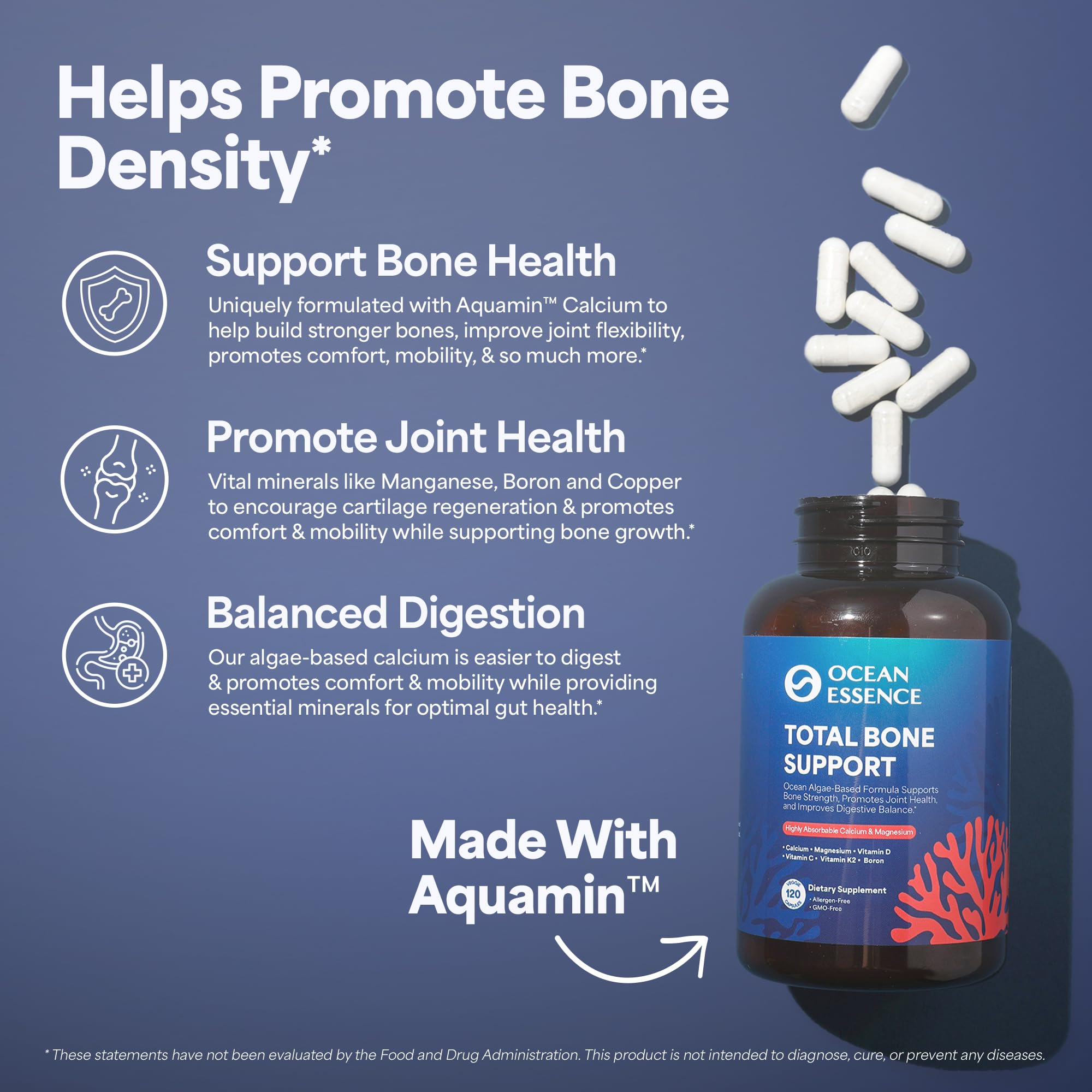 Ocean Essence Total Bone Support label highlights Aquamin and nutrients.