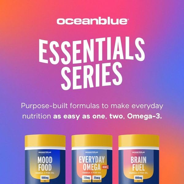 Oceanblue brand logo with bottle on countertop conveying trustworthy daily supplement