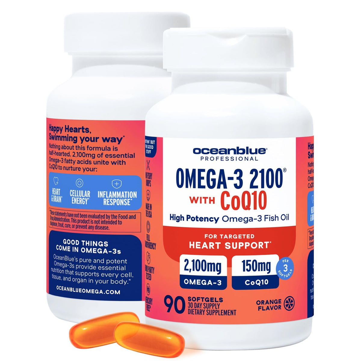 Oceanblue Omega-3 2100 bottle front showing high-potency formula for daily heart support