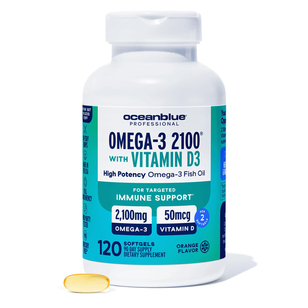 Oceanblue Omega-3 2100 orange bottle with burpless capsules for daily heart and immune support.