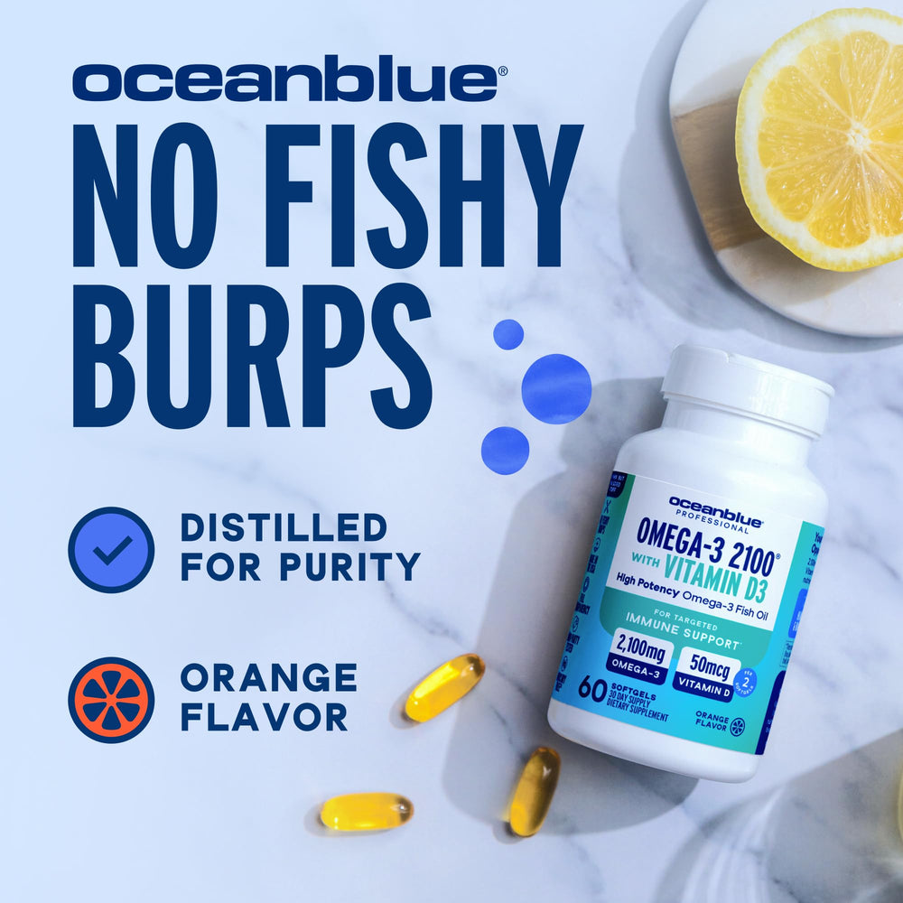 Oceanblue Omega-3 2100 wild-caught label stresses sustainable sourcing for mindful consumption.