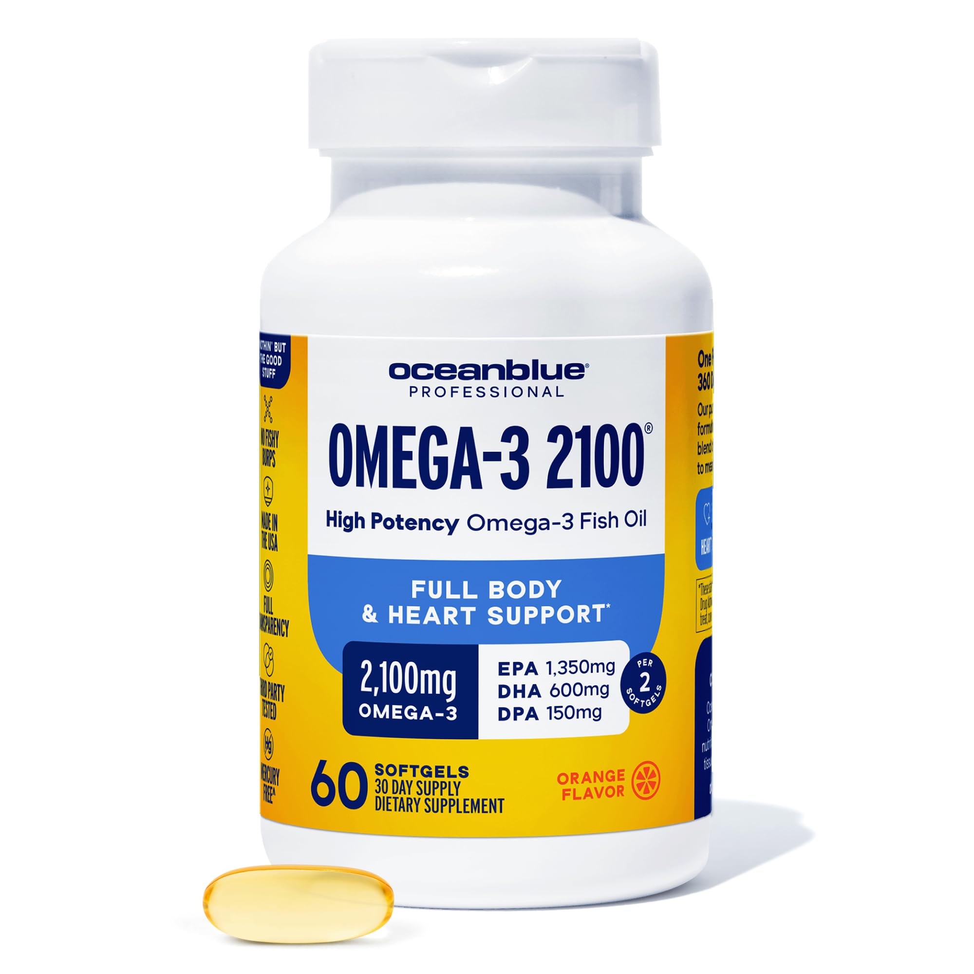 Oceanblue Omega-3 2100mg bottle pour shows burpless, convenient daily intake
