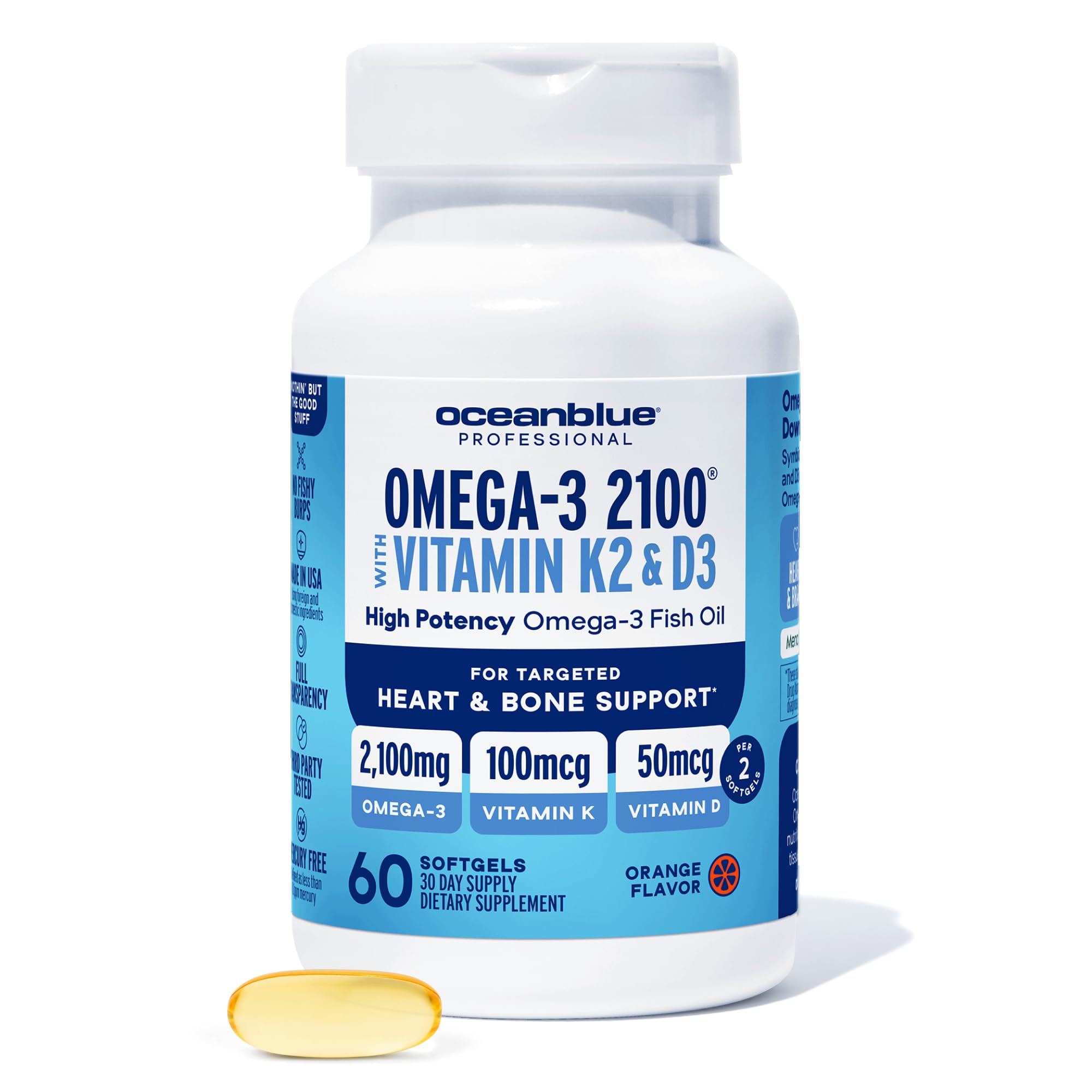 Oceanblue Omega-3 2100 orange bottle with burpless softgels for daily use