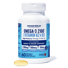 Oceanblue Omega-3 2100 orange bottle with burpless softgels for daily use
