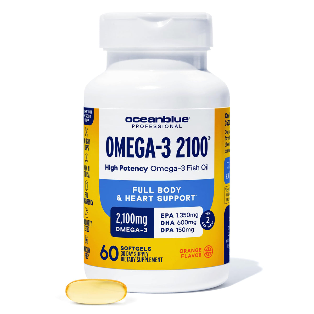 Oceanblue Omega-3 2100mg bottle pour, daily wellness support.