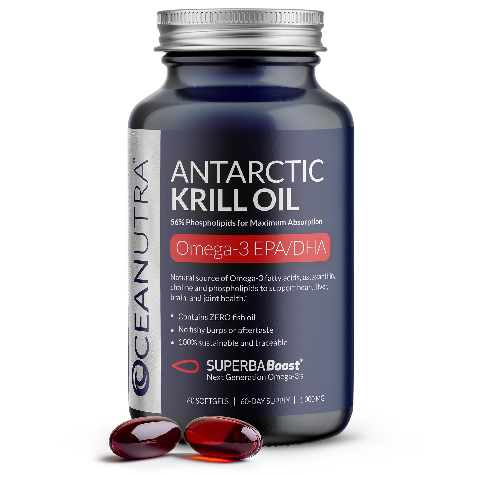 Oceanutra krill oil 1000mg bottle for pure, phospholipid omega-3 delivery.