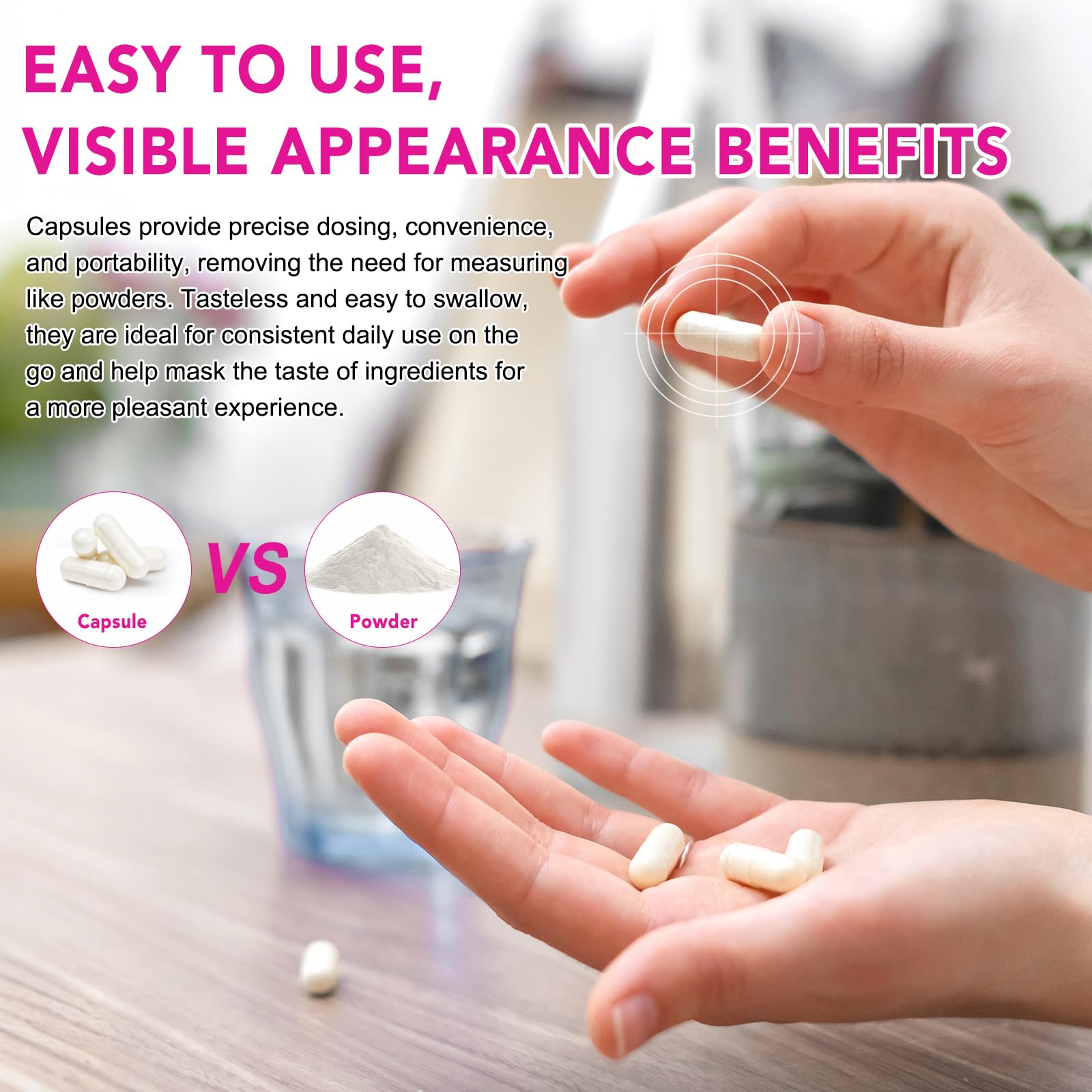 Ocnisdns Multi-Collagen bottle with glass of water illustrating easy intake