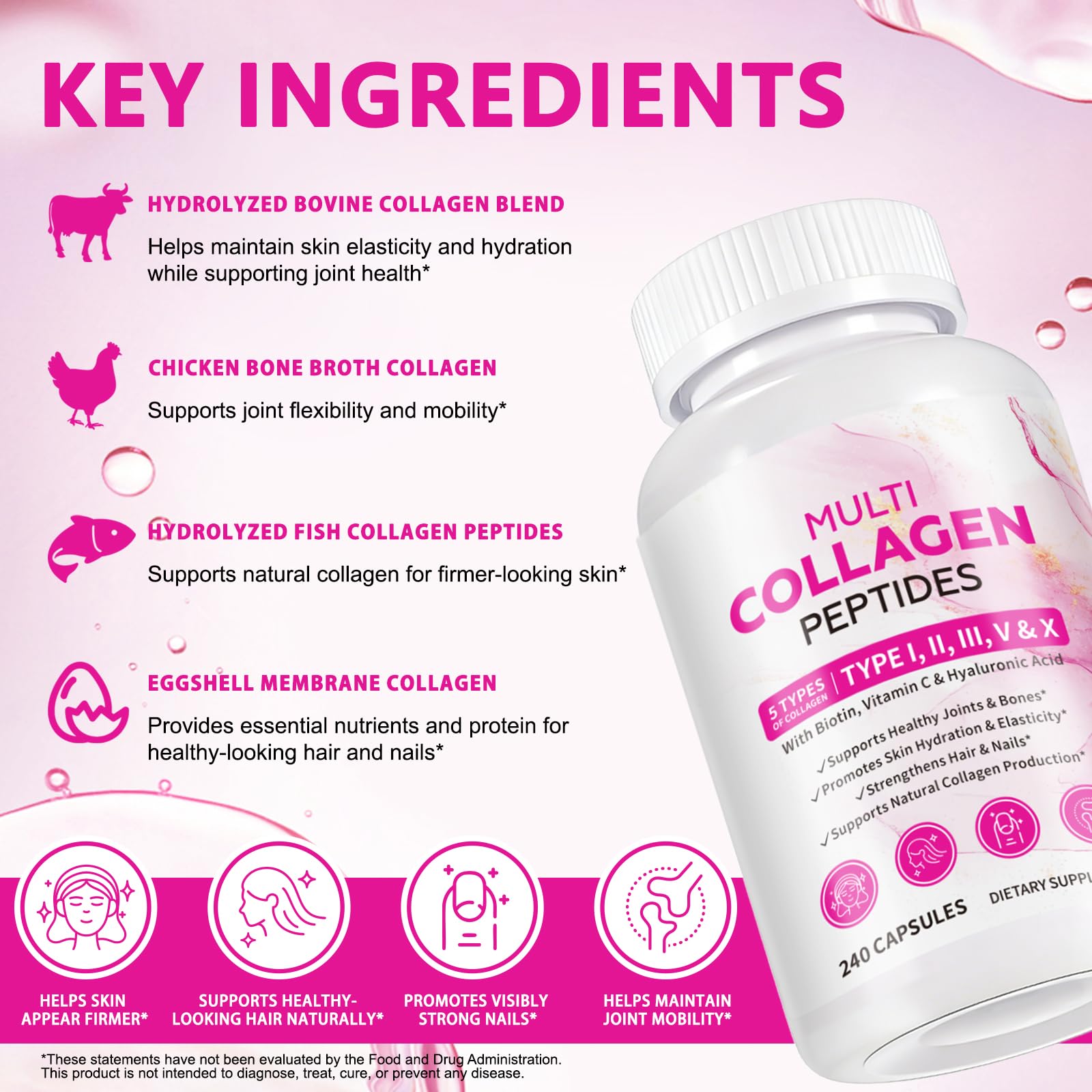 Ocnisdns Multi-Collagen bottle with ingredients imagery highlighting key nutrients