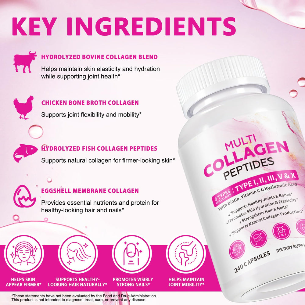 Ocnisdns Multi-Collagen bottle with ingredients imagery highlighting key nutrients