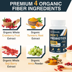 Ocshesally Probiotics for Men label graphic showing 12 strains and key ingredients.