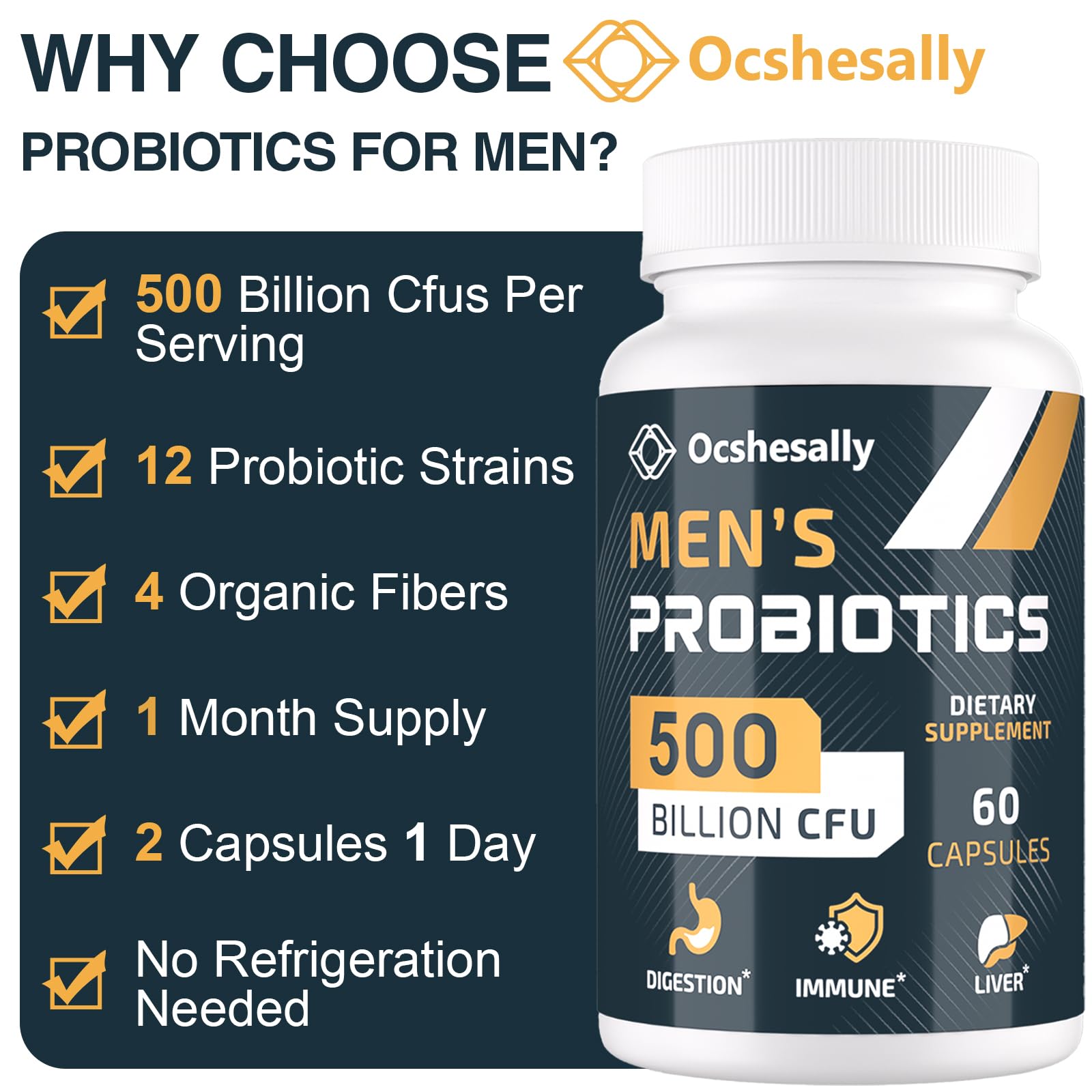 Ocshesally Probiotics for Men packaging side showing shelf-stable design.