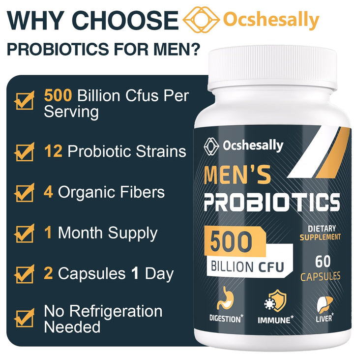 Ocshesally Probiotics for Men packaging side showing shelf-stable design.
