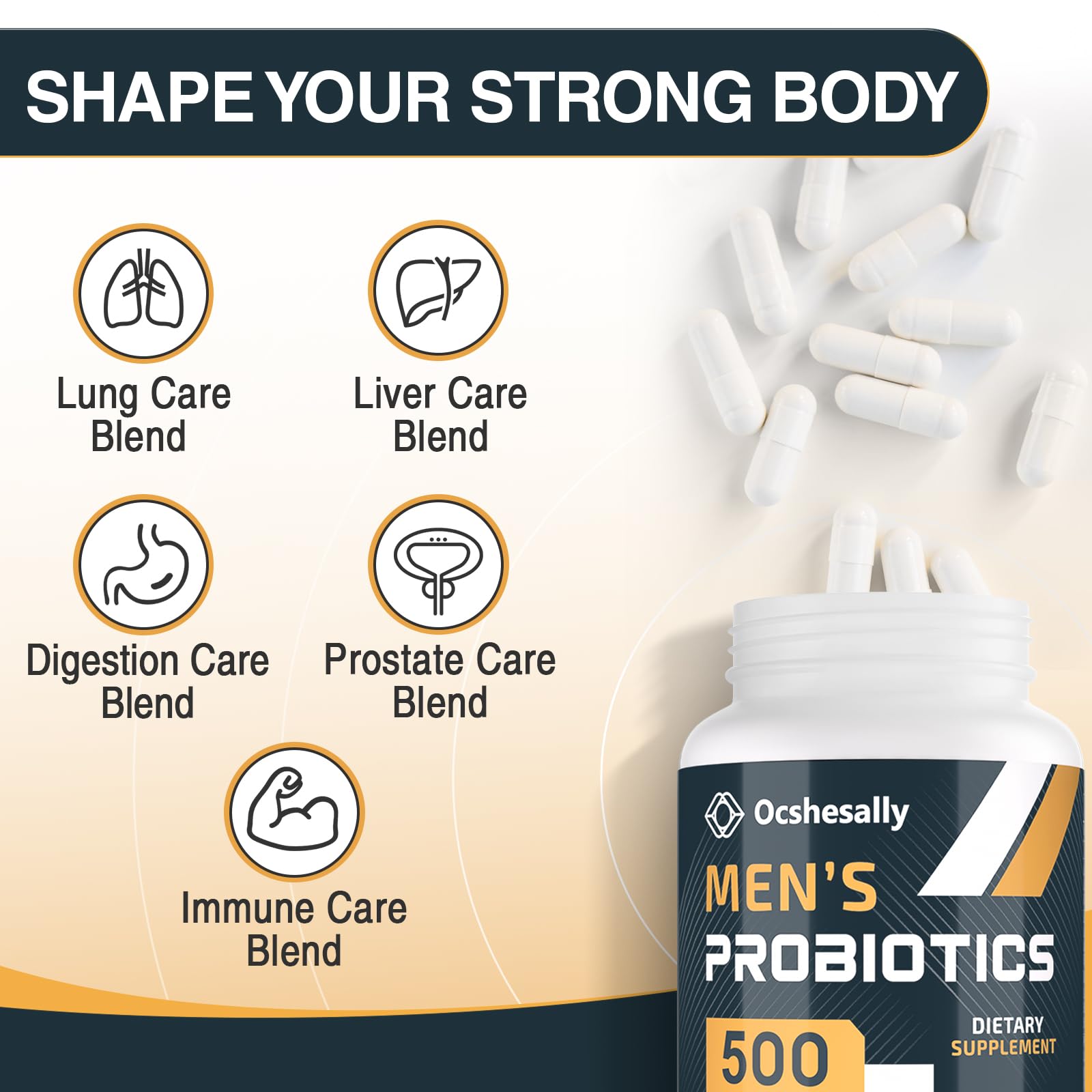 Ocshesally Probiotics for Men label highlights 12 strains for diversity.