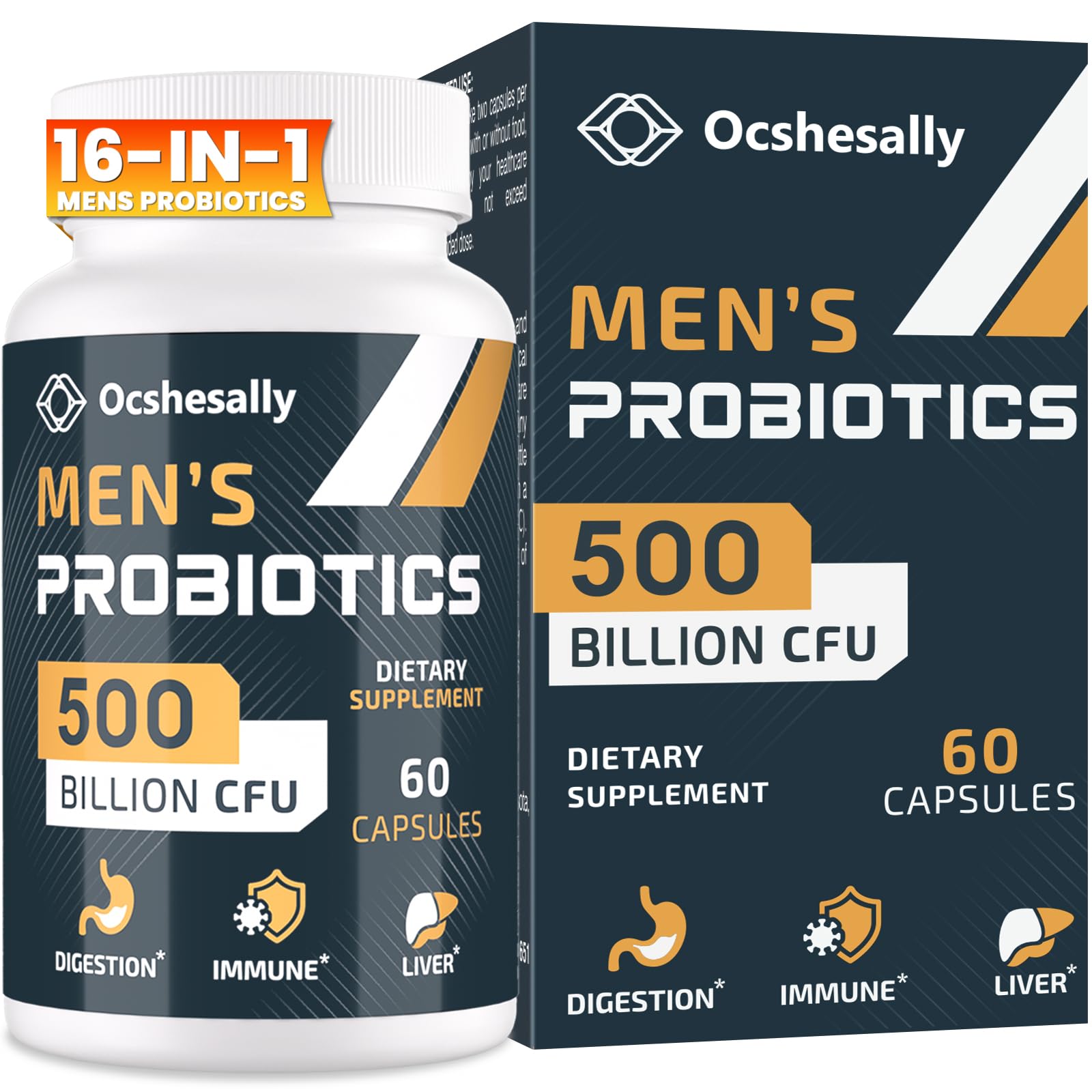 Ocshesally Probiotics for Men bottle shows 500B CFUs for gut support.