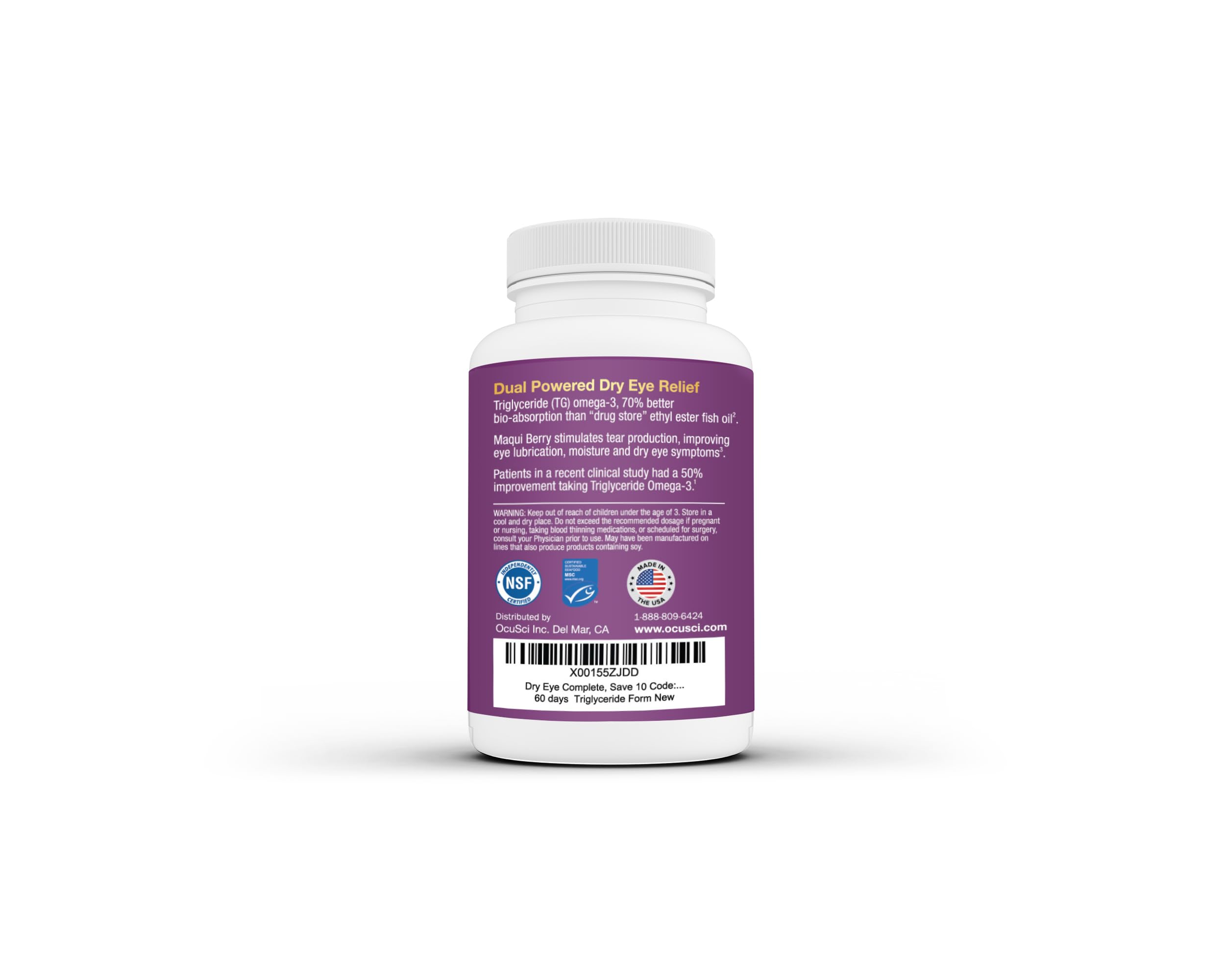 OcuSci Dry Eye Complete ingredients label highlighting omega-3 and lutein.