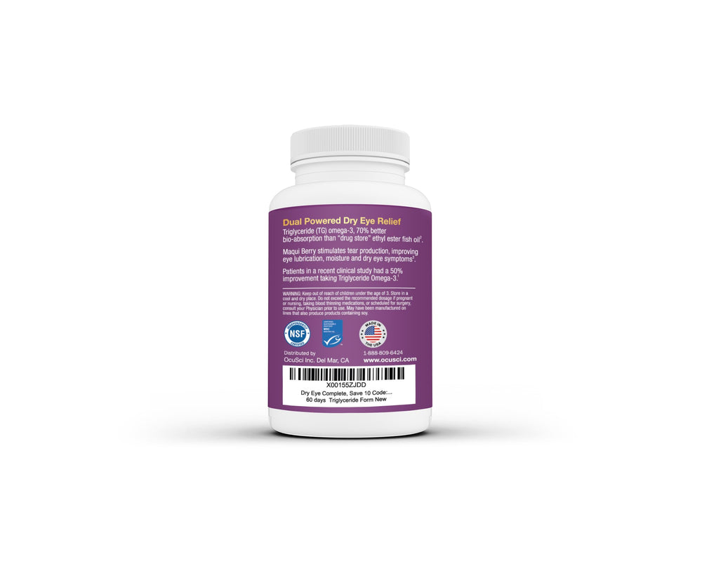OcuSci Dry Eye Complete ingredients label highlighting omega-3 and lutein.