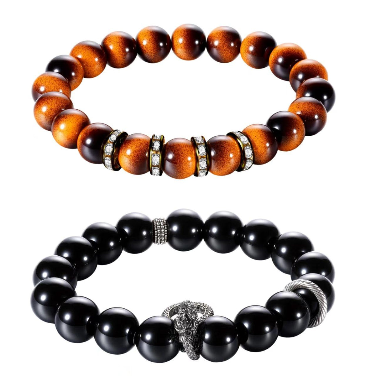 ODTGB tiger-eye and obsidian bracelet set on wrist showing confident style.