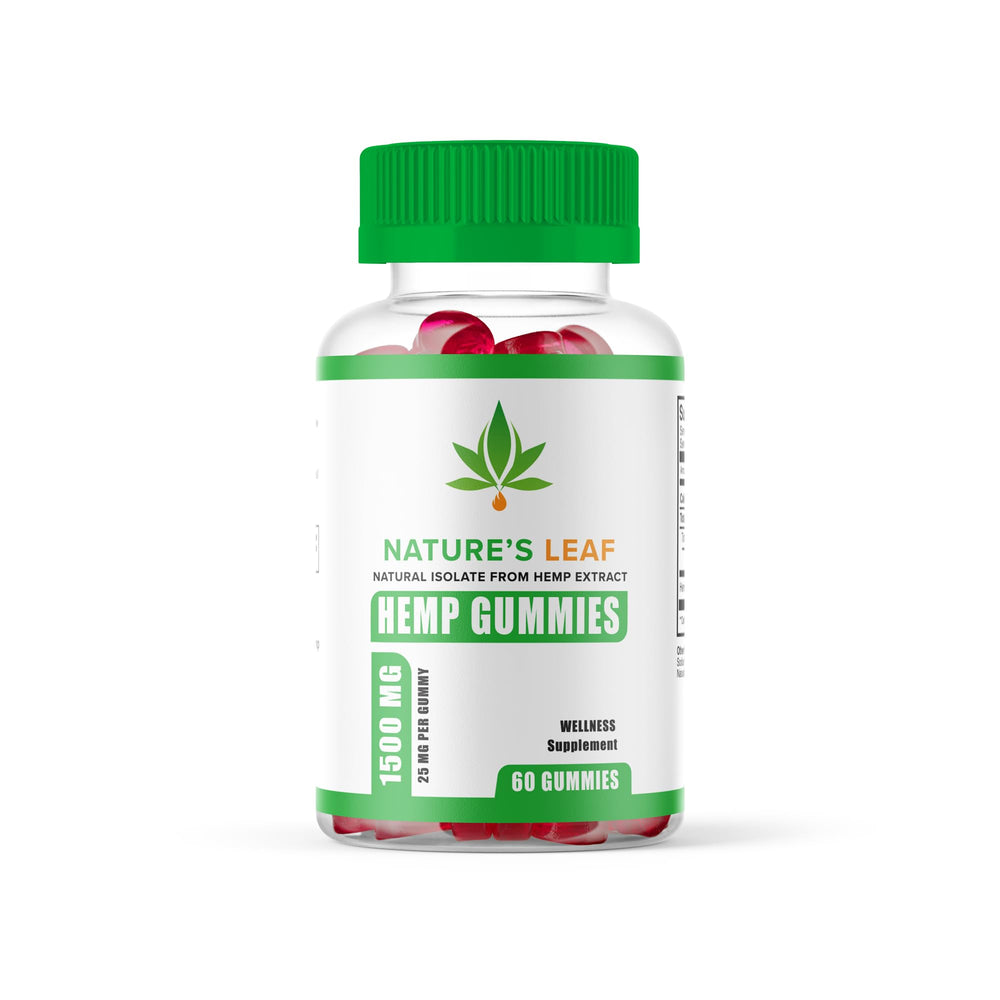 Official Nature's Leaf hemp gummies bottle highlighting natural hemp oil.