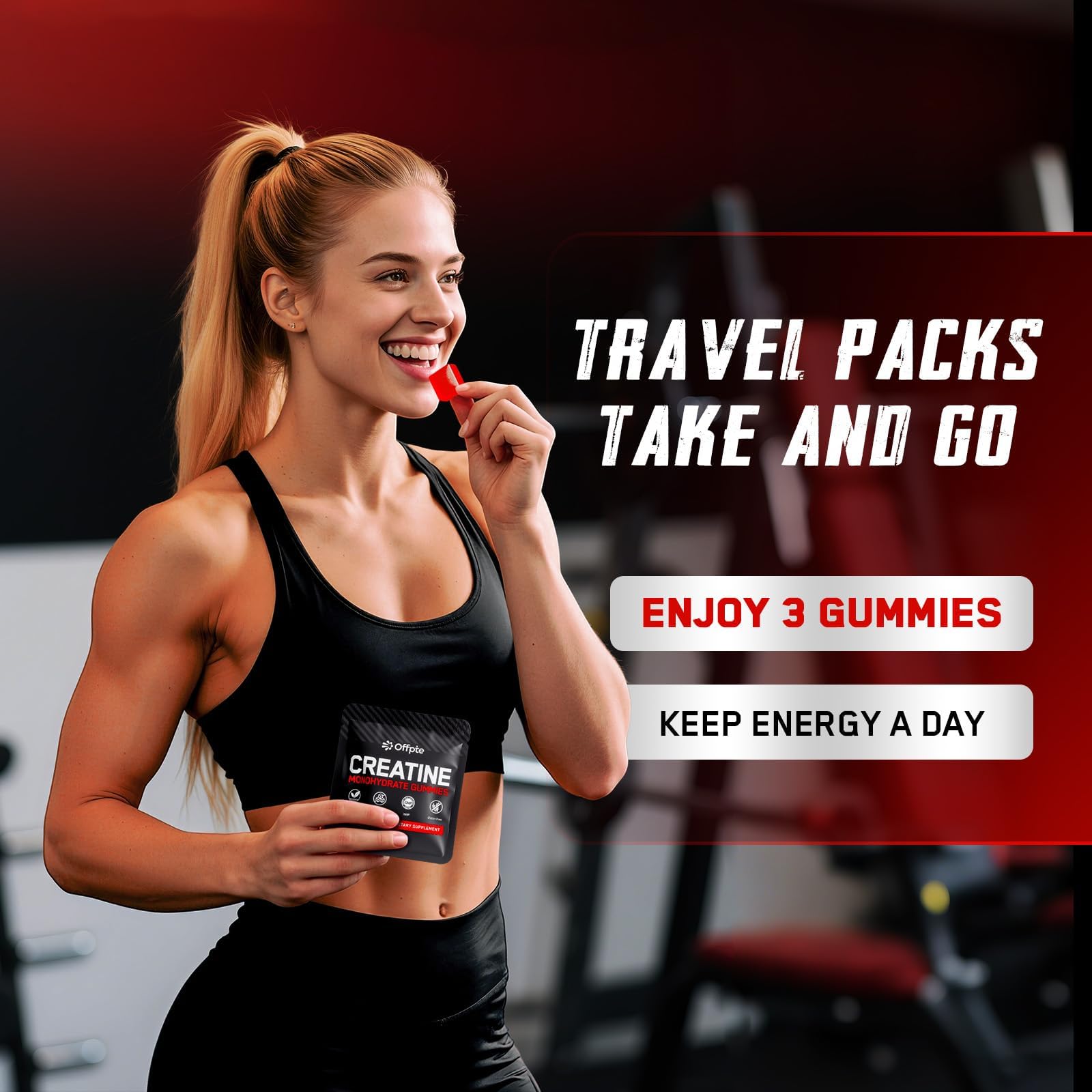 OFFPTE Creatine Monohydrate Gummies in gym bag pre-post workout