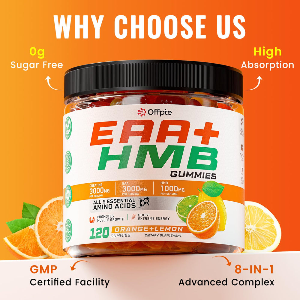 GMP-certified facility badge on OFFPTE EAA Gummies packaging.
