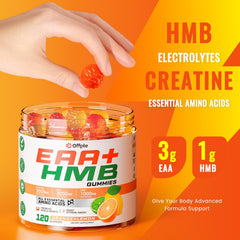 Ingredients label of OFFPTE EAA Gummies highlighting essential amino acids and HMB.