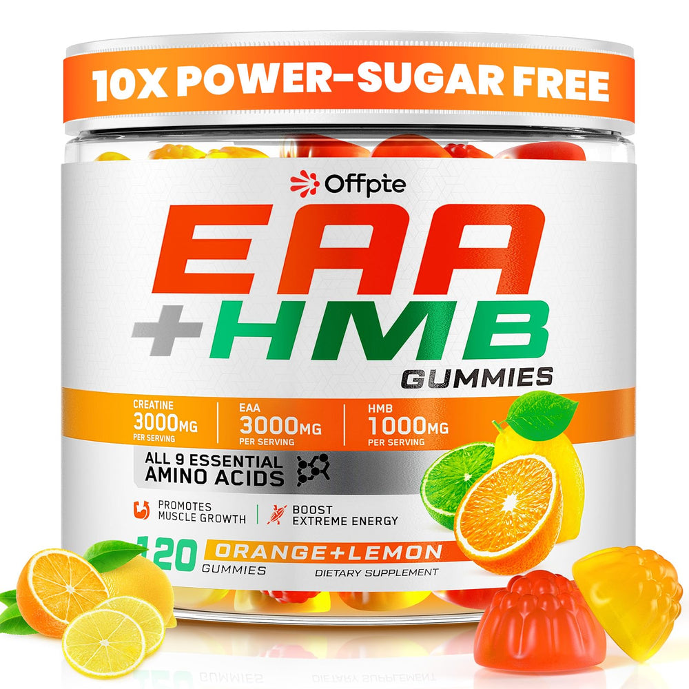 OFFPTE EAA Gummies orange-lemon bottle for on-the-go muscle support.