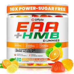 OFFPTE EAA Gummies orange-lemon bottle for on-the-go muscle support.