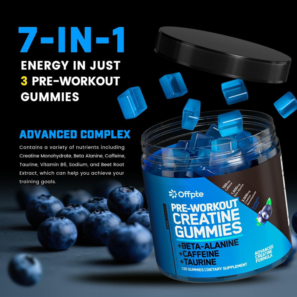 OFFPTE PreWorkout Gummies blueberry closeup shows flavorful, sugar-free energy for workouts.