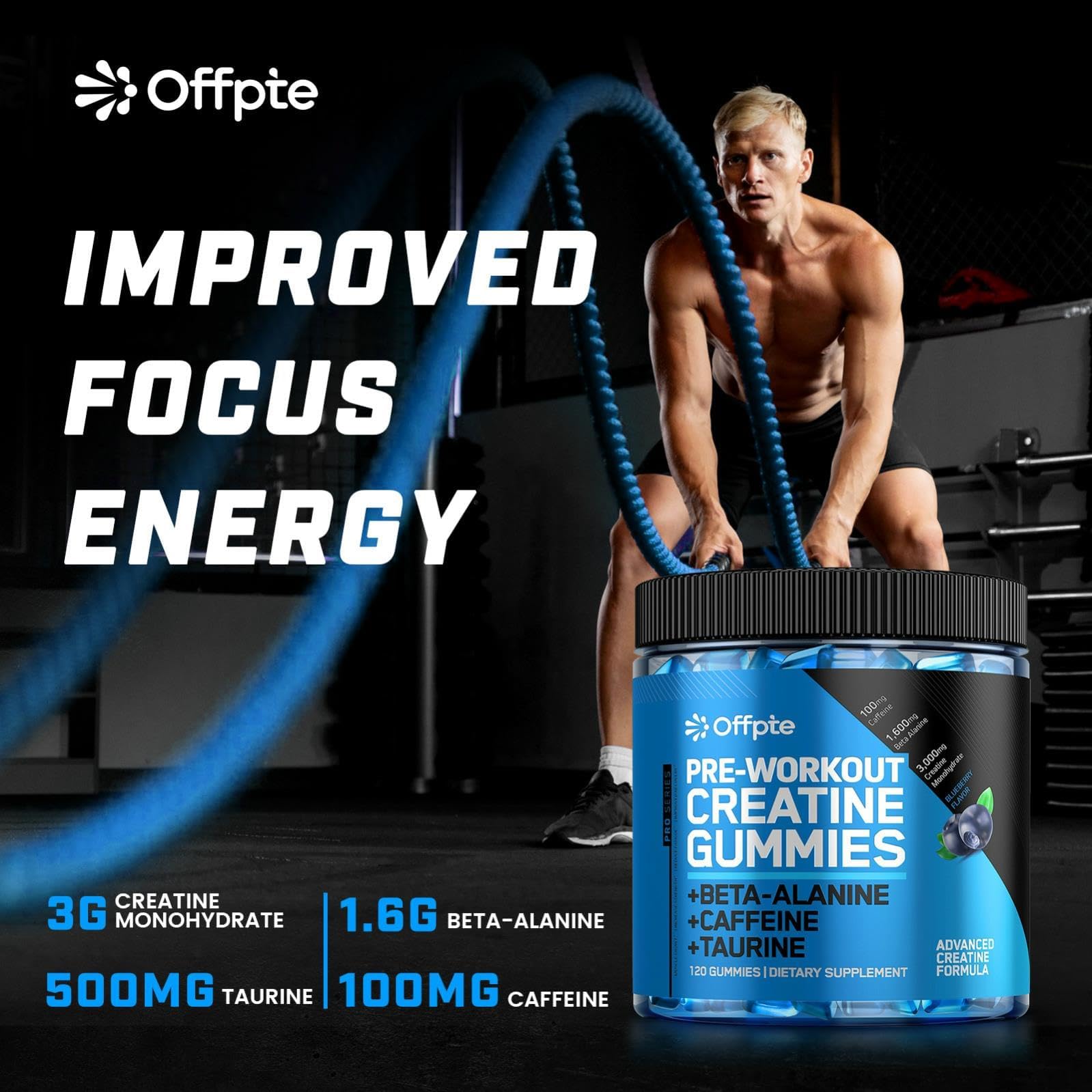 OFFPTE PreWorkout Gummies packaging label signals vegan, sugar-free energy during workouts.