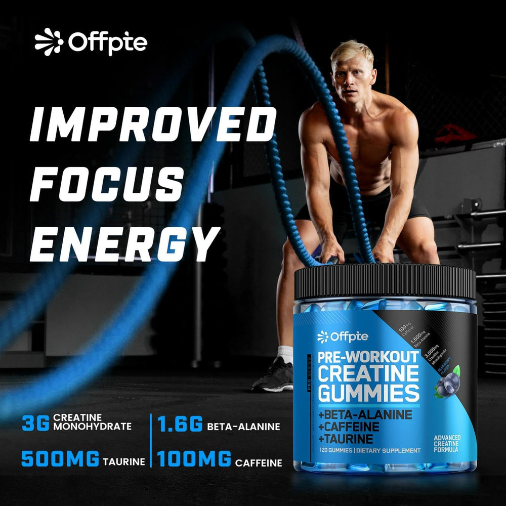 OFFPTE PreWorkout Gummies packaging label signals vegan, sugar-free energy during workouts.