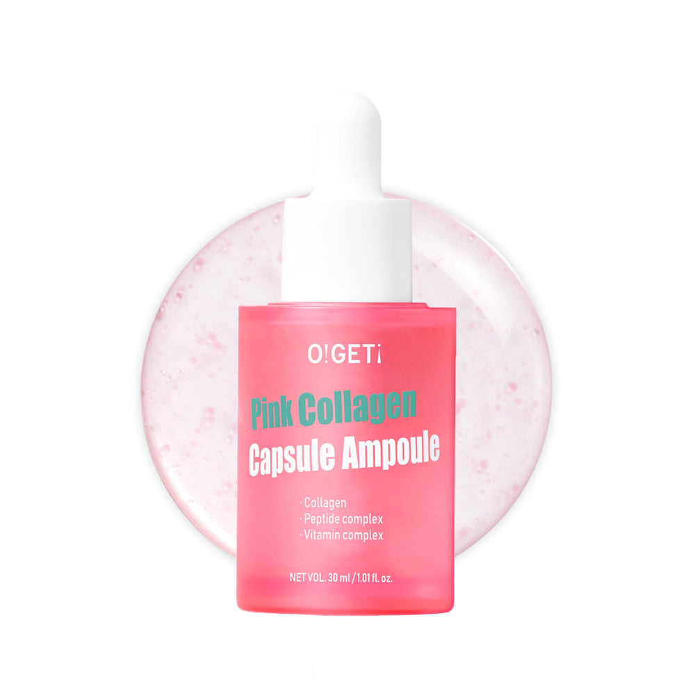 O!GETi Pink Collagen Ampoule bottle closeup showing premium collagen for firm, hydrated skin