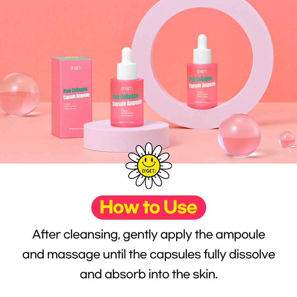 O!GETi Pink Collagen Ampoule ingredient visual highlighting 300DA collagen blend