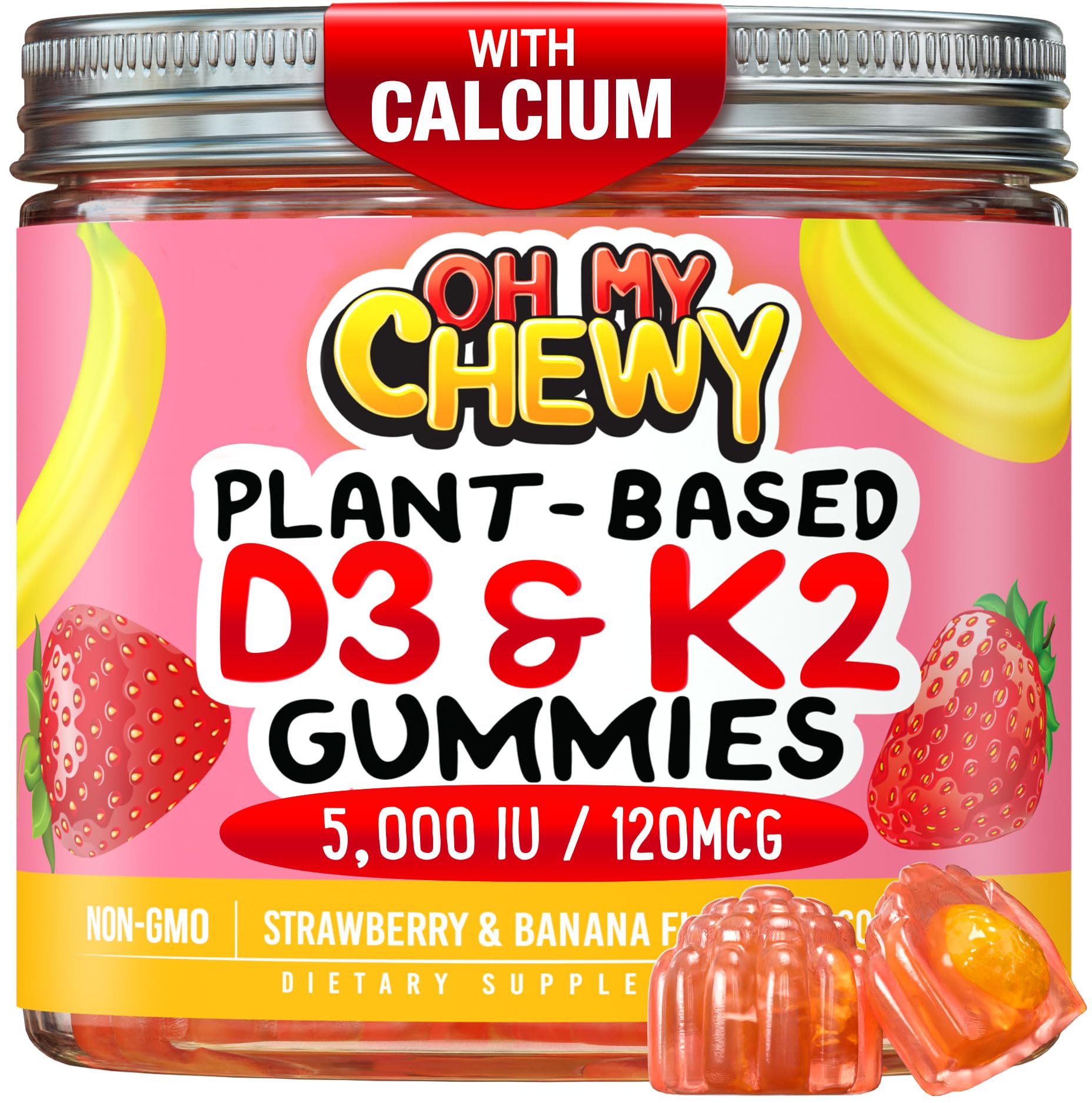 OH MY CHEWY center-filled vitamin D3 K2 calcium gummies bottle for daily wellness.