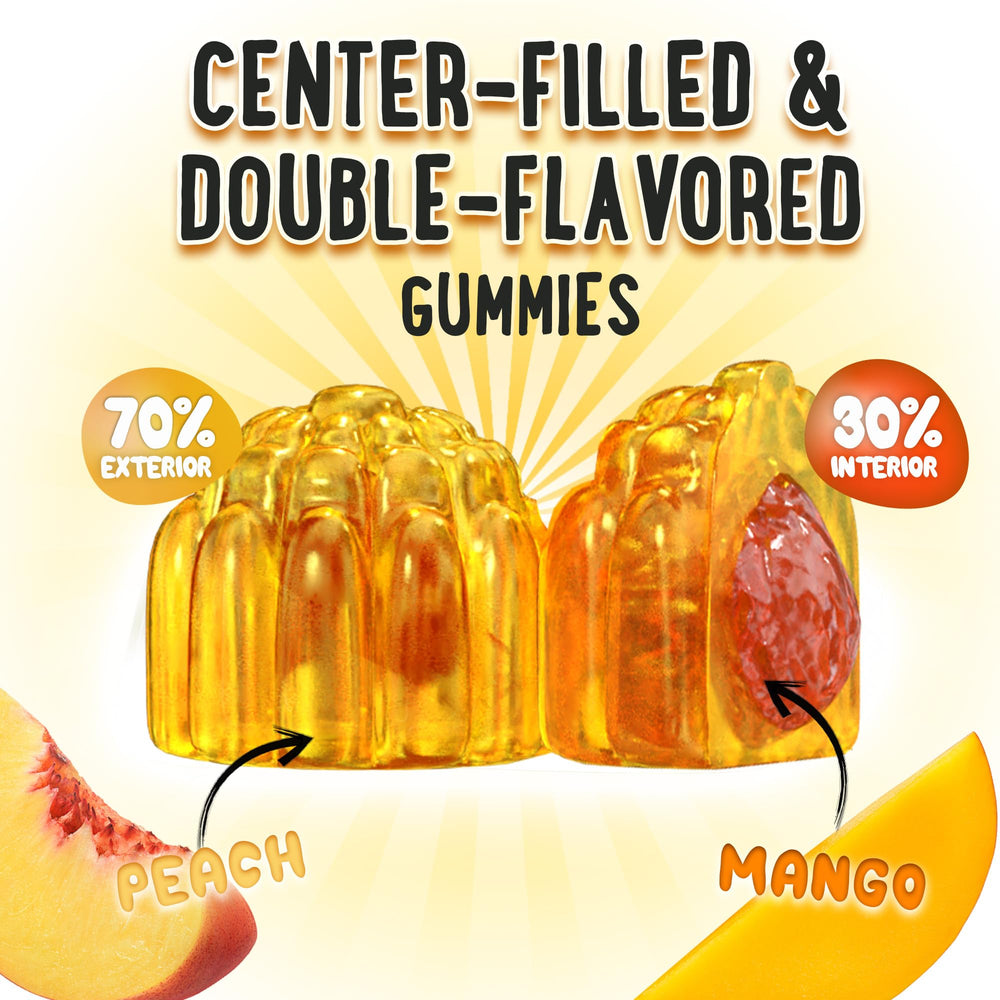 OH MY CHEWY gummies close-up showing dual-flavor center-filled texture for daily support