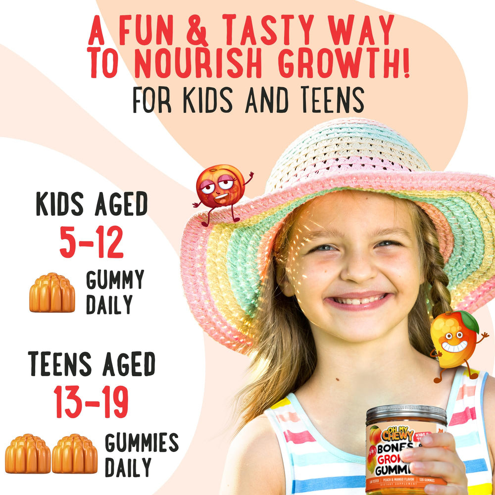 OH MY CHEWY height growth gummies ingredients label highlights calcium and D3.