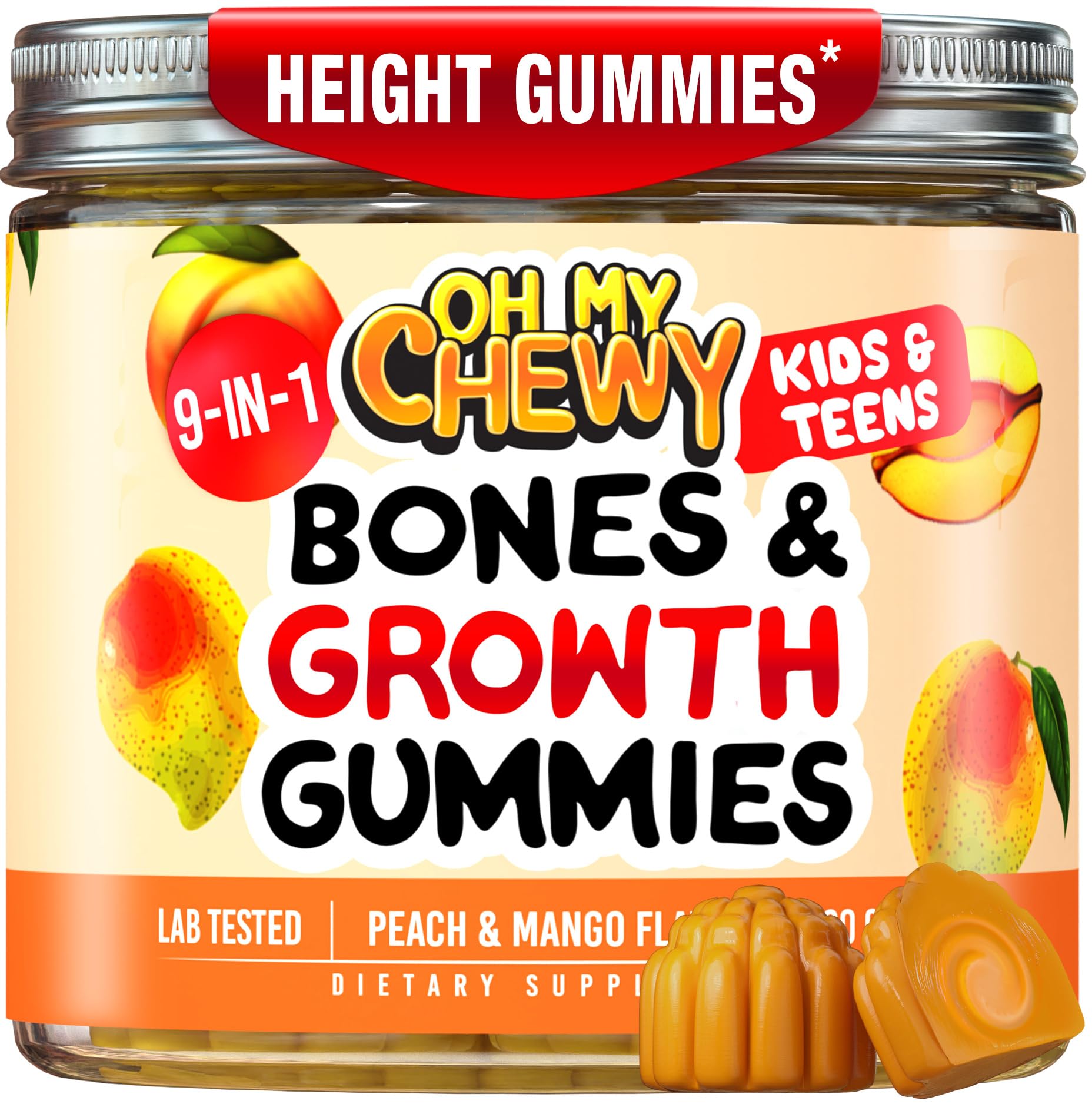 OH MY CHEWY height growth gummies bottle front with peach-mango flavor for kids.