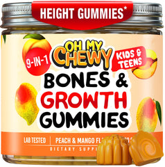 OH MY CHEWY height growth gummies bottle front with peach-mango flavor for kids.