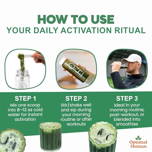 O H Optimal Human Greens powder stirred into a glass with water.