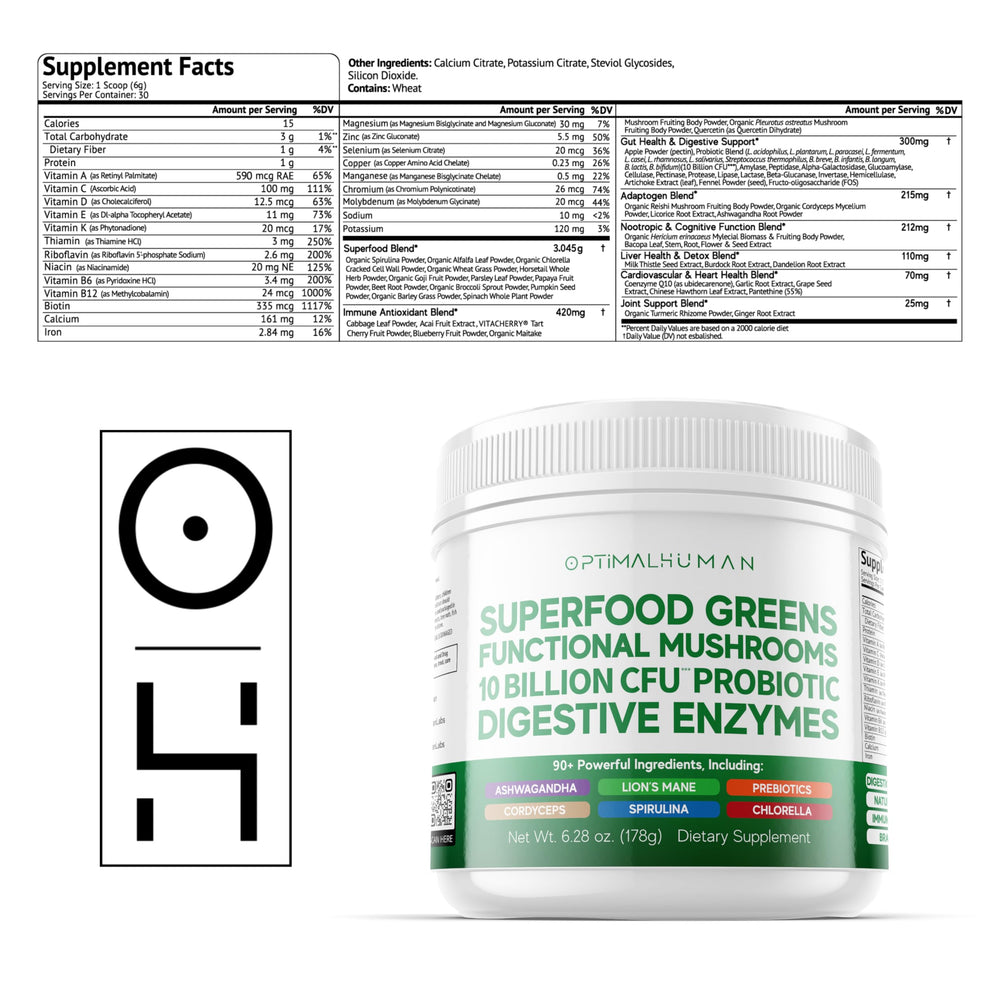 O H natural ingredients collage highlighting mushrooms and herbs.