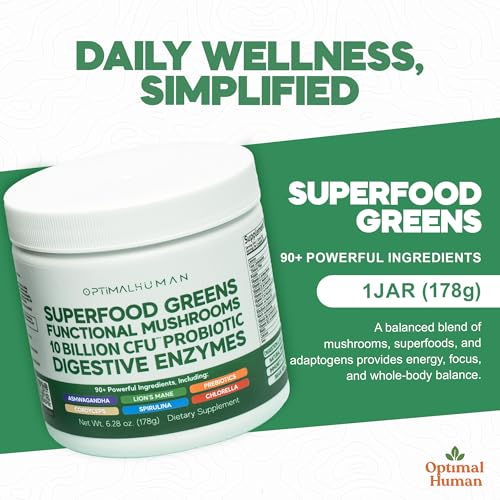O H Optimal Human Greens label close-up showing 90+ ingredients blend.